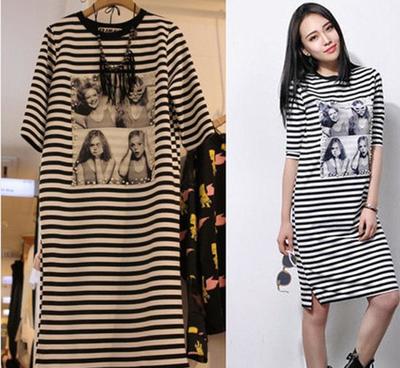 歐洲站2015春夏新款 歐貨時尚氣質(zhì)釘珠美女圖經(jīng)典條紋長T連